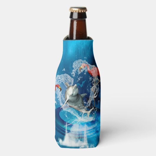 おもしろいハートで飛ぶイルカ ボトルクーラー (ボトル正面)