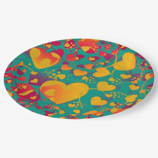 おもしろいハートパターンIX – 緑の赤い黄色 ペーパープレート (アングル)