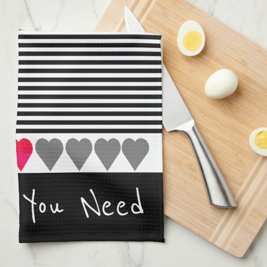 おもしろいハート詳細モダンストライプ付 キッチンタオル (四つ折り)