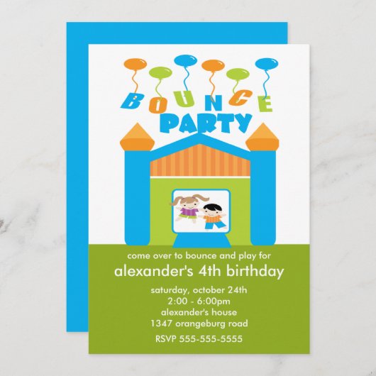 おもしろいバウンスハウス誕生パーティー 招待状 (正面/裏面)