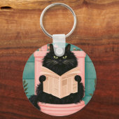 おもしろいバスルームの黒猫 キーホルダー (正面)