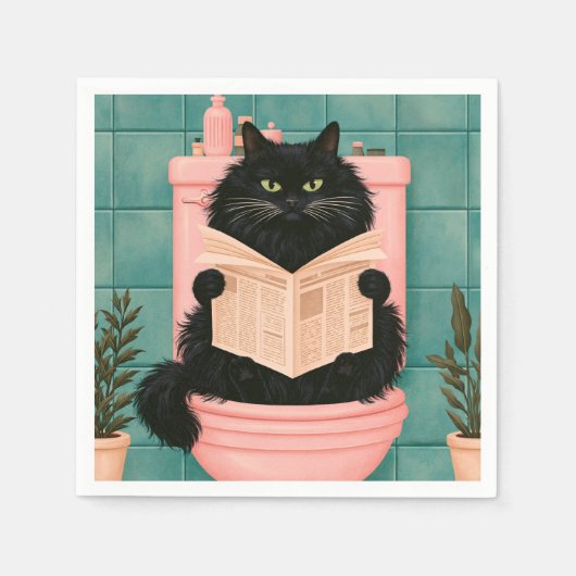 おもしろいバスルームの黒猫  スタンダードカクテルナプキン (正面)