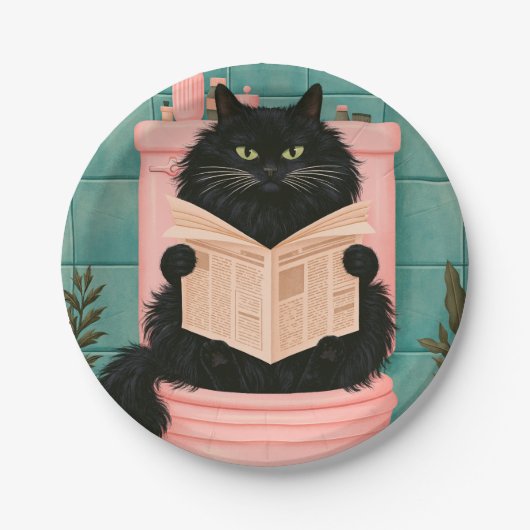 おもしろいバスルームの黒猫  ペーパープレート (正面)