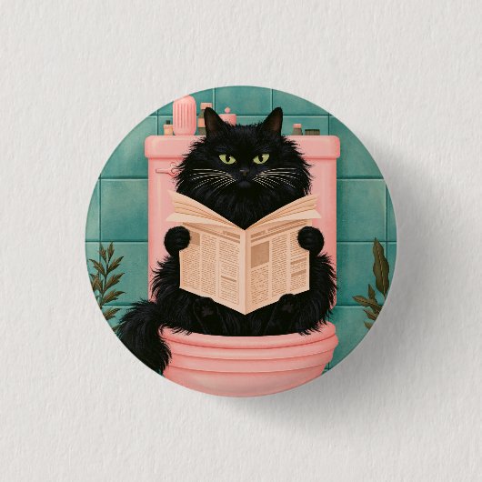 おもしろいバスルームの黒猫 缶バッジ (正面)