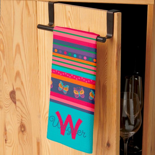 おもしろいバタフストライプロスタイリッシュイニシャル姓 キッチンタオル