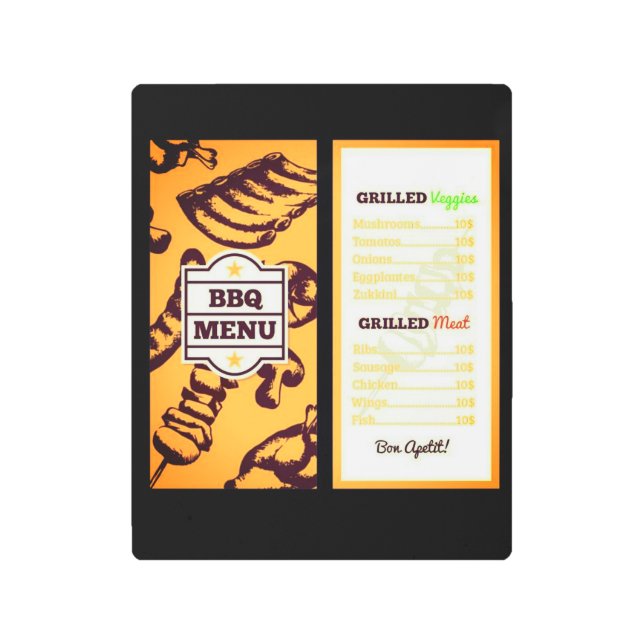 おもしろいバックヤードBBQメニュー メタルプリント (正面)