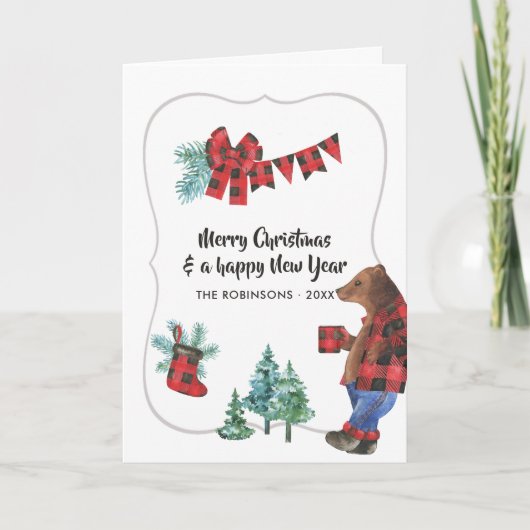 おもしろいバッファロープレイドランバージャックベアークリスマスフォト シーズンカード (正面)
