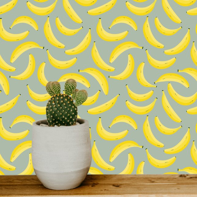 おもしろいバナナイエローセージ緑 壁紙 (Banana fun fruity pattern on soft sage green art wallpaper)