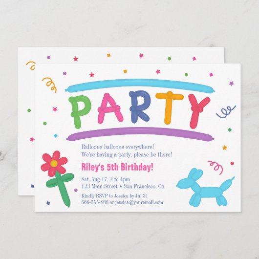 おもしろいバルーンアート子供の誕生日パーティの招待状 招待状 (正面/裏面)