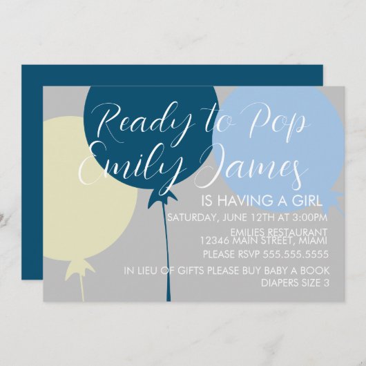 おもしろいバルーンブルーボーイベビーシャワー 招待状 (正面/裏面)