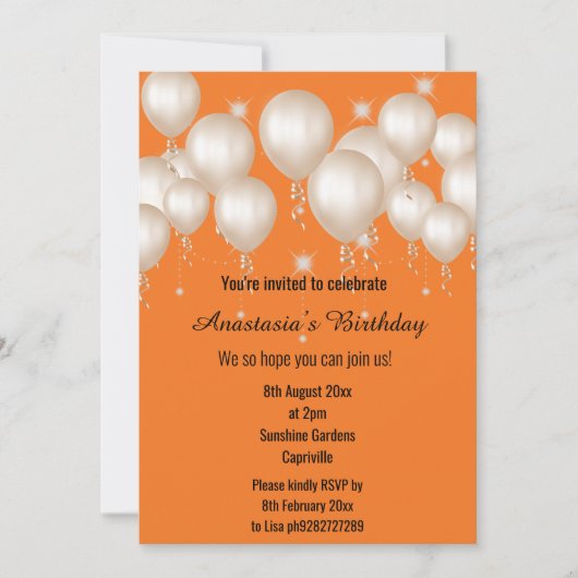 おもしろいバルーン明るいオレンジ色誕生日 招待状 (正面)