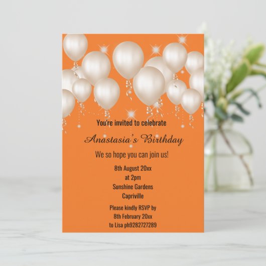おもしろいバルーン明るいオレンジ色誕生日 招待状 (スタンド正面)