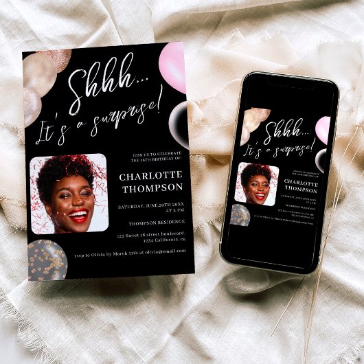 おもしろいバルーン金ゴールドブラックフォトサプライズSweet 16 招待状