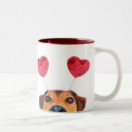 おもしろいバレンタインデー犬かわいいハートヘッドバンド ツートーンマグカップ