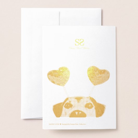 おもしろいバレンタインデー犬かわいいハートヘッドバンド 箔カード (裏面封筒付き)