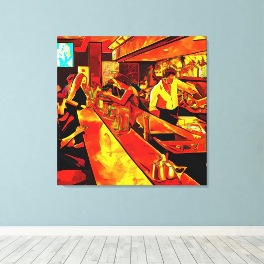 おもしろいバーシーン | Bartenderと顧客 キャンバスプリント (インサイチュ (ウッドフロア))