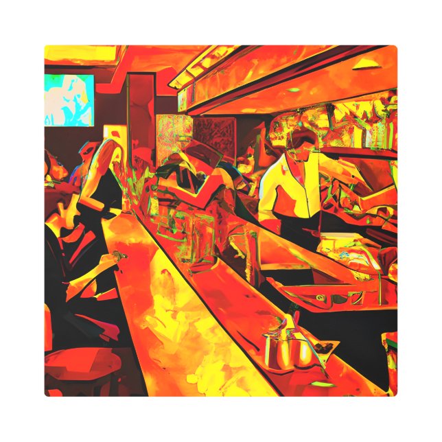 おもしろいバーシーン | Bartenderと顧客 メタルプリント (正面)