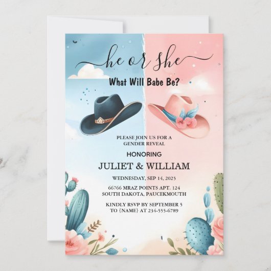 おもしろいバーンハットファームフィルムのUsa Cowboy Gender Reveal 招待状 (正面)