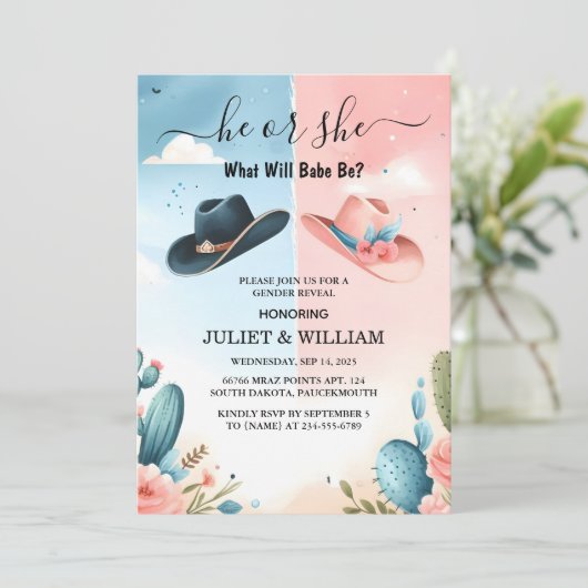 おもしろいバーンハットファームフィルムのUsa Cowboy Gender Reveal 招待状 (スタンド正面)