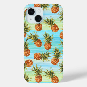 おもしろいパイナップルフルーツパタン水彩画ストライプ画 iPhone 15ケース