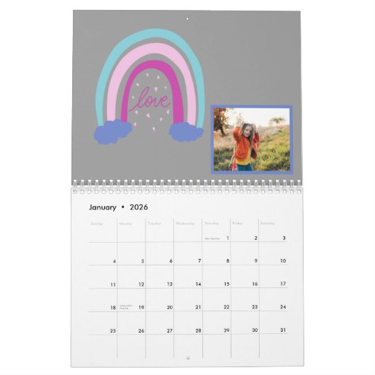おもしろいパステガーリールレインボーパーソナライズされた写真 カレンダー (1月 2026)