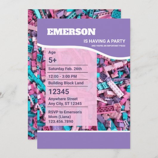 おもしろいパステルカラー建物ブロック誕生日 招待状 (正面/裏面)