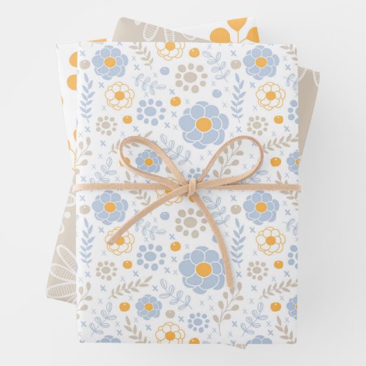 おもしろいパステルフローラモダンブルータウペイエロー ラッピングペーパーシート (インサイチュ)