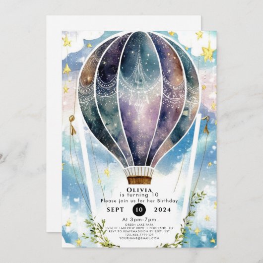 おもしろいパステルホットエアバルーン誕生日 招待状 (正面/裏面)