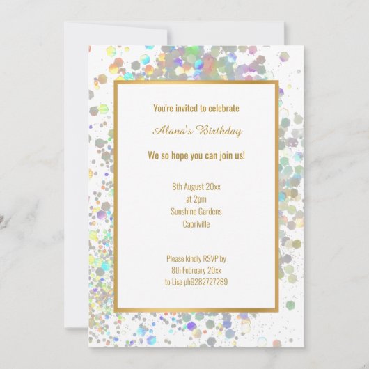 おもしろいパステルレインボーホワイトホログラフィックスポット誕生日 招待状 (正面)