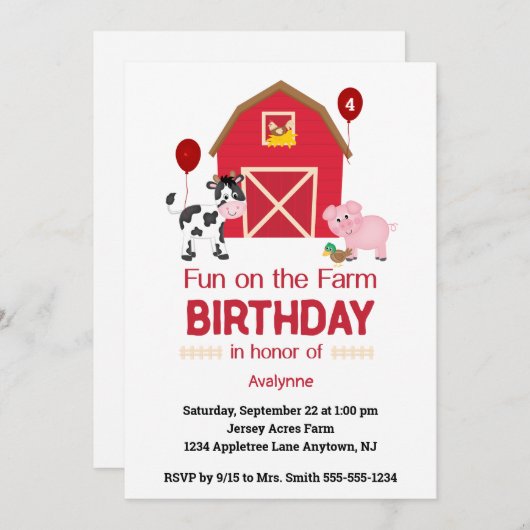 おもしろいパーソナライズされたオンファーム誕生日 招待状 (正面/裏面)