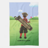 おもしろいパーソナライズされたゴルファーがゴルフ場に出る キッチンタオル (縦)