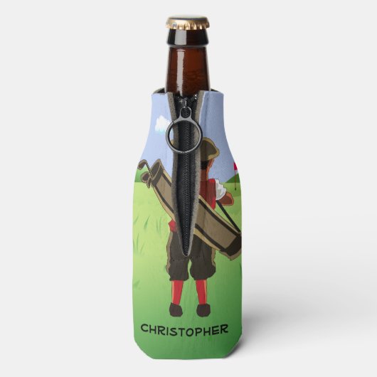 おもしろいパーソナライズされたゴルファーがゴルフ場に出る ボトルクーラー (ボトル裏面)
