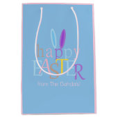 おもしろいパーソナライズされたハッピーイースターバニーイヤーブルーピンク ミディアムペーパーバッグ (正面)