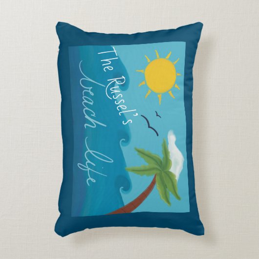 おもしろいパーソナライズされたビーチライフ(パームツリーと海) アクセントクッション (正面(垂直))