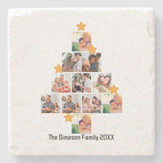 おもしろいパーソナライズされたファミリークリスマス11フォトコラージュ ストーンコースター (正面)