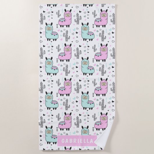 おもしろいパーソナライズされたブルー&ピンクリラマ ビーチタオル (正面)