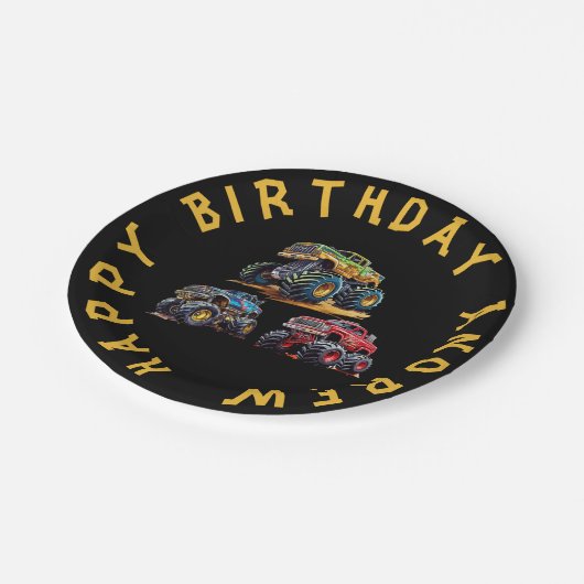 おもしろいパーソナライズされたモンスタートラック子供の誕生日 ペーパープレート (アングル)
