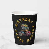 おもしろいパーソナライズされたモンスタートラック子供の誕生日 紙コップ (裏面)