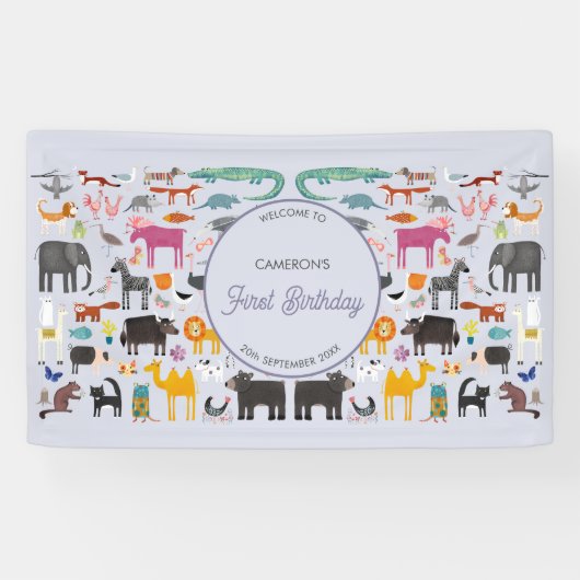 おもしろいパーソナライズされた動物の最初の誕生日パーティー 横断幕 (横)