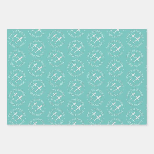 おもしろいパーソナライズされた誕生日飛行機ブルーピンクティール（緑がかった色） ラッピングペーパーシート (正面2)