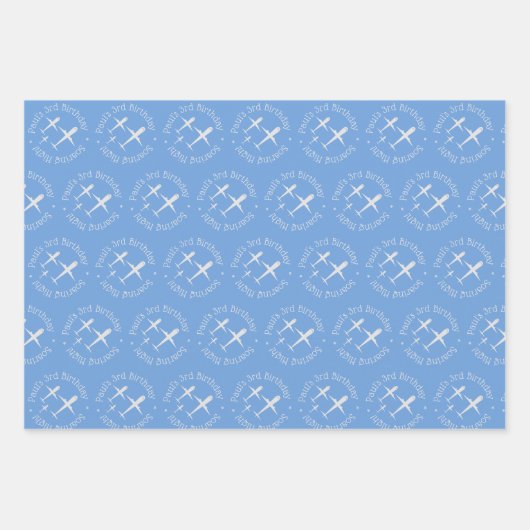 おもしろいパーソナライズされた誕生日飛行機ブルーピンクティール（緑がかった色） ラッピングペーパーシート (正面)