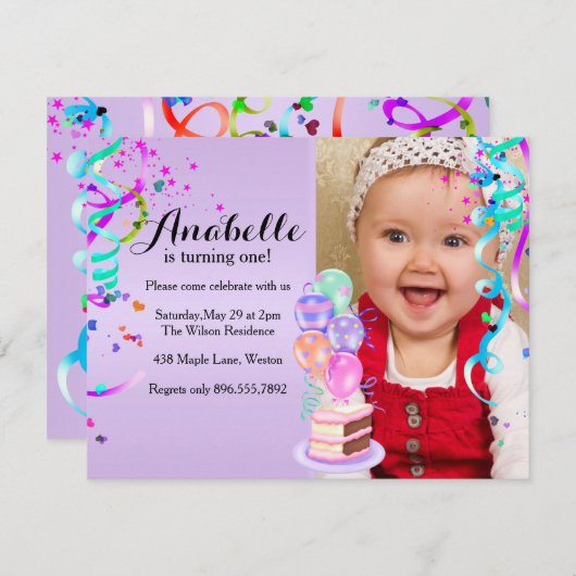 おもしろいパーティーお祝いパープルファースト誕生日 招待状 (正面/裏面)