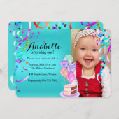 おもしろいパーティーお祝い第1の誕生日ティール(緑がかった色) 招待状 (正面/裏面)