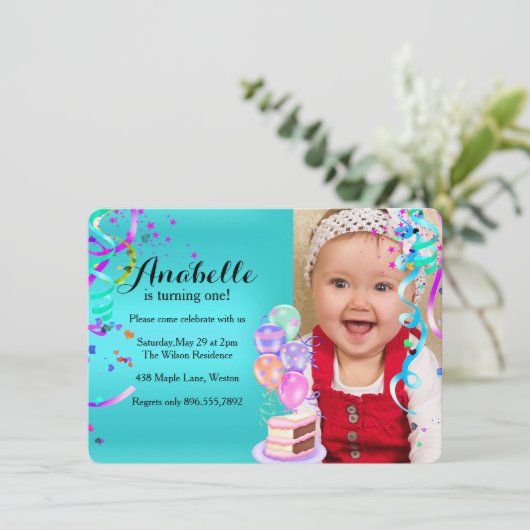 おもしろいパーティーお祝い第1の誕生日ティール(緑がかった色) 招待状 (スタンド正面)