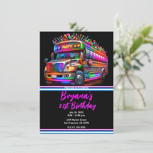 おもしろいパーティーバスブライト白熱［赤熱］光を放つバースデーパーティー 招待状 (スタンド正面)