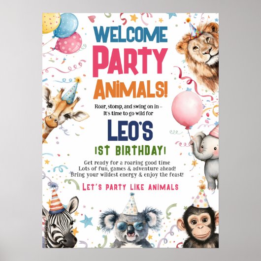 おもしろいパーティー動物1歳の誕生日へようこそ ポスター (正面)