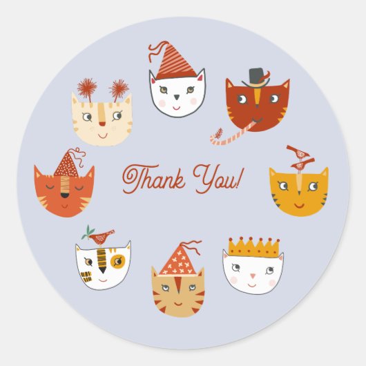 おもしろいパーティー猫ありがとう ラウンドシール (正面)