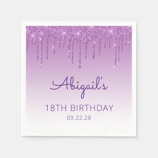 おもしろいパープルグリッタードリップ18thバースデーパーティー スタンダードカクテルナプキン (正面)