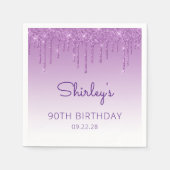 おもしろいパープルグリッタードリップ90thバースデーパーティー スタンダードカクテルナプキン (正面)