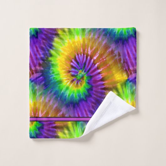 おもしろいパープルグリーンオレンジレトロ絞り染め モノグラムの バスタオルセット (ウォッシュタオル)